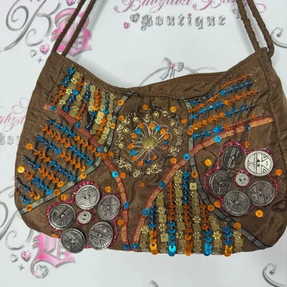 SAND N SUN purse bag boho beaded sequins brown blue orange buttons hippie strap - Picture 5 of 10